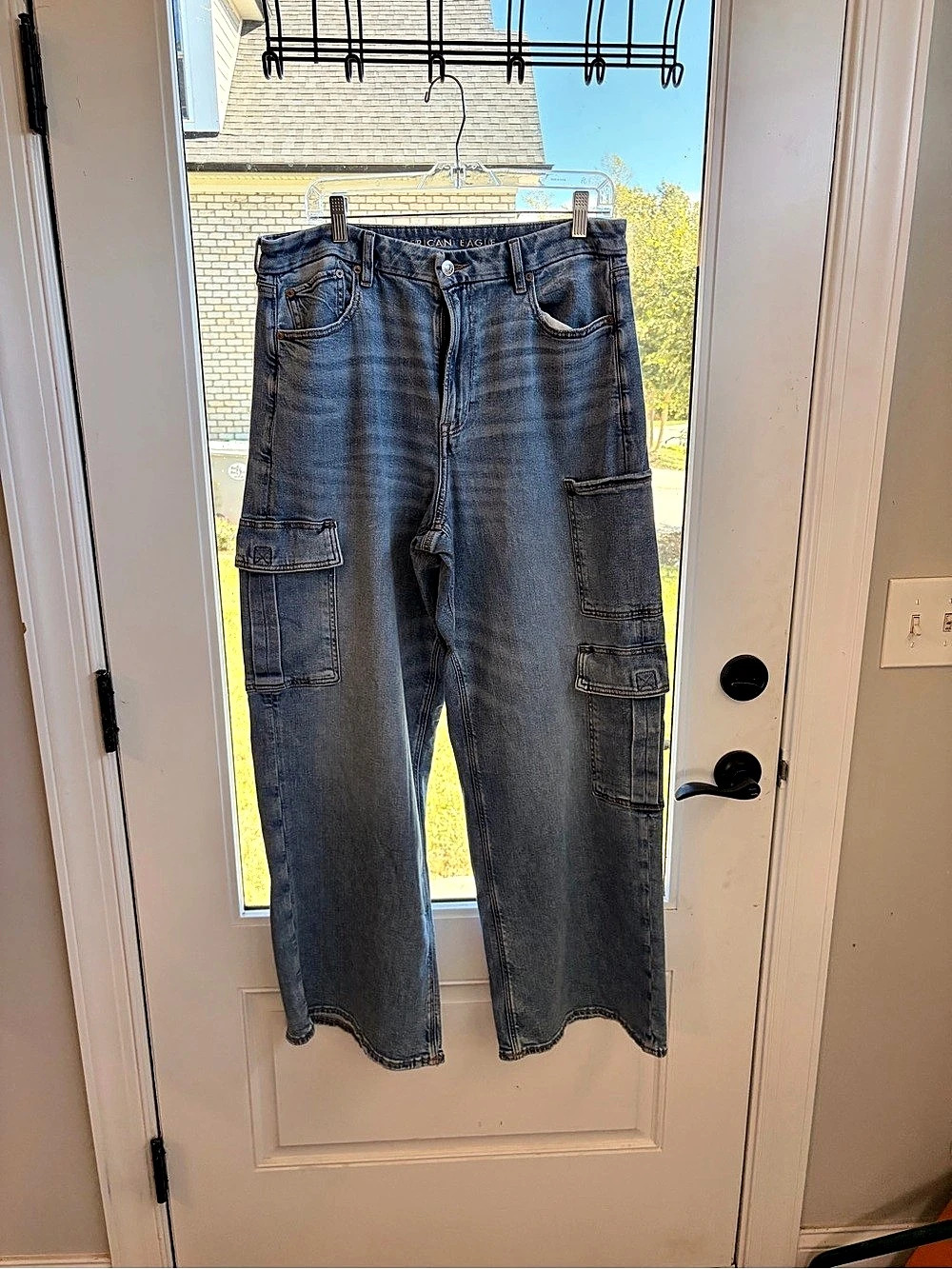 American Eagle Stretch Cargo Jean Cargo Straight Leg Jeans Size 14 Blue